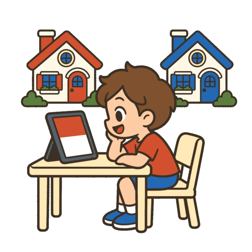 Ein Kind sitzt vor einem Tablet, dahinter das Haus von Mama und das Haus von Papa